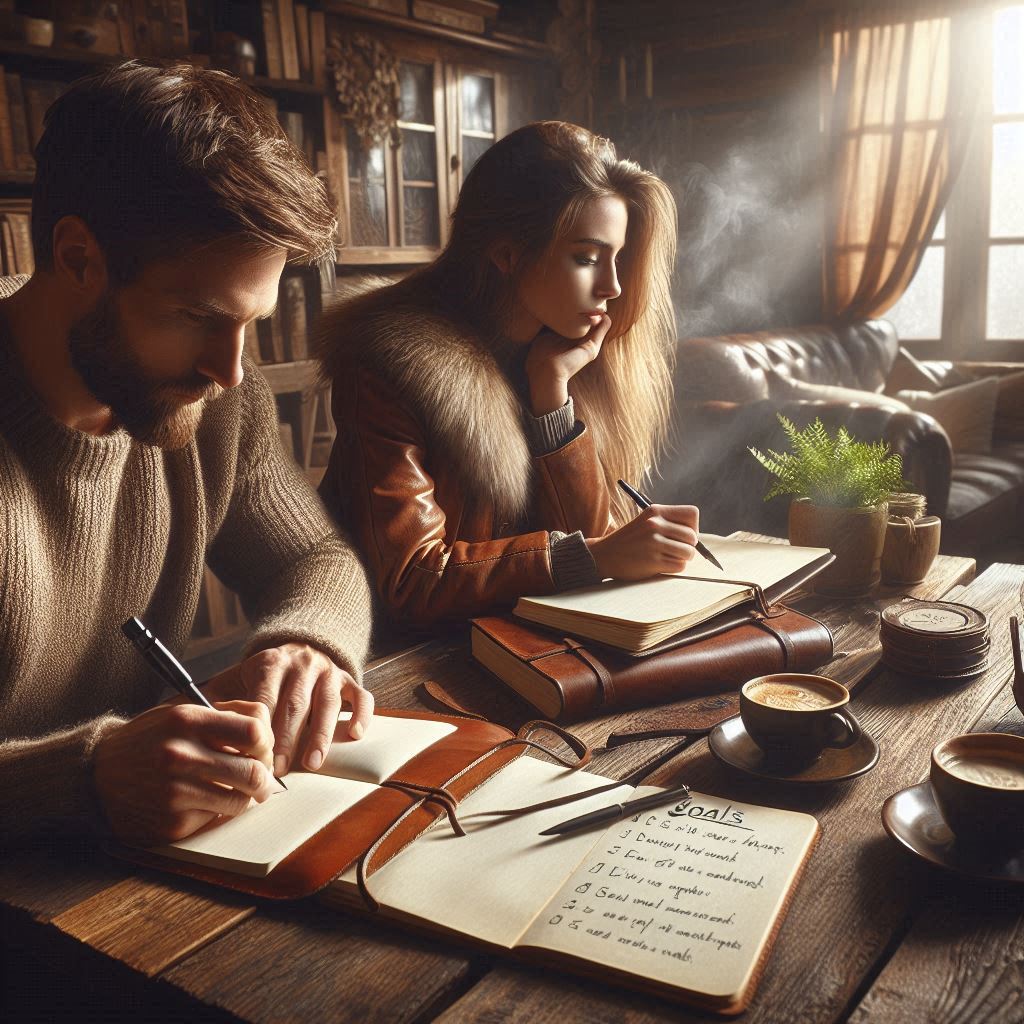 a man and woman writing in notebooks