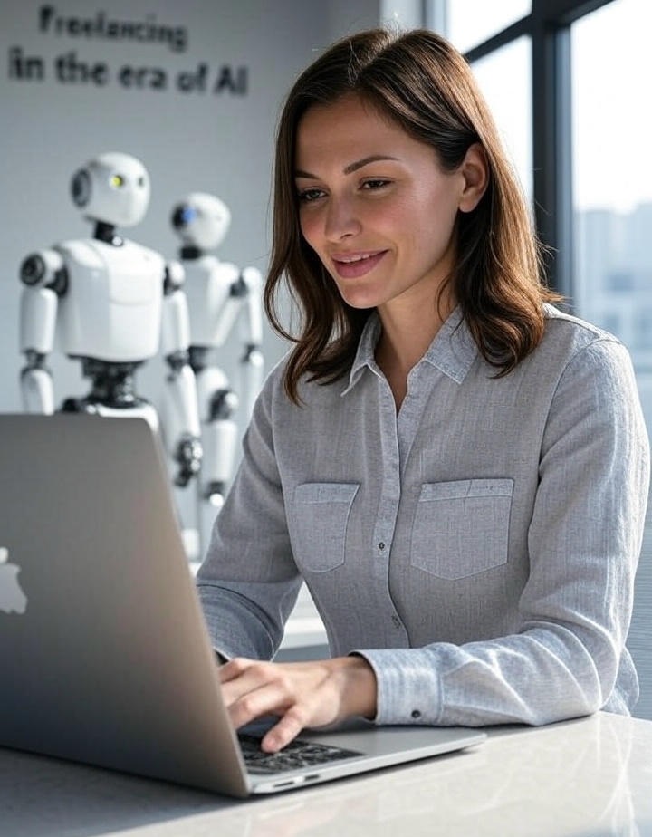 a woman sitting at a desk with a laptop